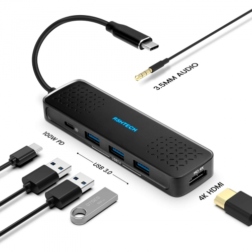 6-in-1 USB C ハブ 100W急速PD充電、4K @ 30Hz HDMI、3.5mmオーディオジャック、USBCデバイス用