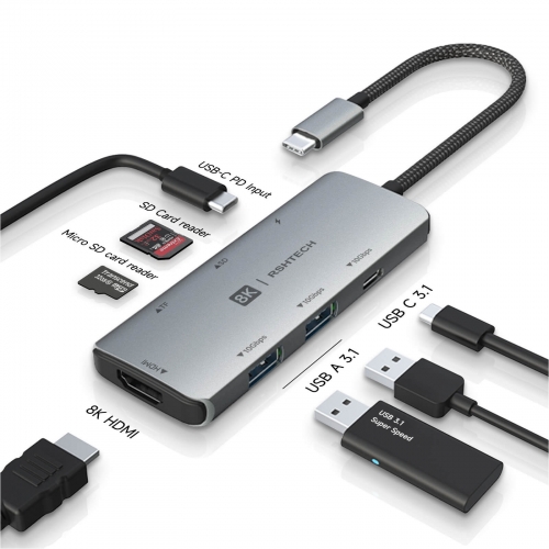 RSHTECH 7-in-1 USB Cハブ、サポート8K HDMI UHDビデオ出力、10Gbpsまでのデータ転送速度（RSH-T02）