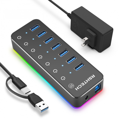 RSHTECH RGB USB 3.0 ハブ、7 ポート給電 USB 3.0/USB C ハブ、14 RGB 照明モード付き、RSH-518R