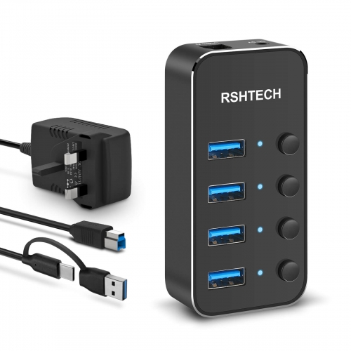 RSHTECH 4 ポート給電 USB 3.0 /USB C ハブ、アルミニウム USB スプリッター USB 3.0 延長ハブ、2-in-1 USB Type A /C ケーブルおよび 5V/2A 電源アダプター付き (RSH-ST04)