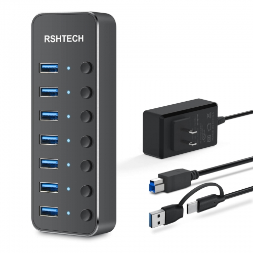 RSHTECH 7 ポート給電 USB 3.0 /USB C ハブ、アルミニウム USB スプリッター USB 3.0 延長ハブ、2-in-1 USB Type A /C ケーブルおよび 5V/3A 電源アダプター付き RSH-ST07