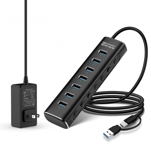 Rosonway 7 ポート給電 USB 3.2 /USB C ハブ、アルミニウム USB スプリッター USB 3.2 延長ハブ、2-in-1 USB Type A /C ケーブルおよび 24W 電源アダプター付き