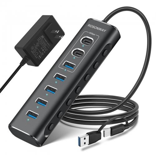 Rosonway 7 ポート給電 USB 3.2 /USB C ハブ（10Gbps USB-A 3.2、2 USB-C 3.2、4 USB 3.0ポート）、RSH-A107C