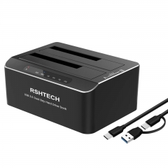RSHTECH デュアル ベイ ハード ドライブ ドッキング ステーション (2.5 インチおよび 3.5 インチ SATA HDD/SSD 用)、アルミニウム USB 3.0 USB Type-C/A から SATA エンクロージャ、ツール不要、UASP、2 x 22 TB ドライブをサポート。