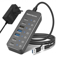 3x 10Gbps USB 3.2データポート（2C+1A）、4x 5Gbps USB 3.0ポート（2C+2A）および3.3フィートUSB C/Aロングケーブル付き7ポートUSBハブ(ST07C-4)