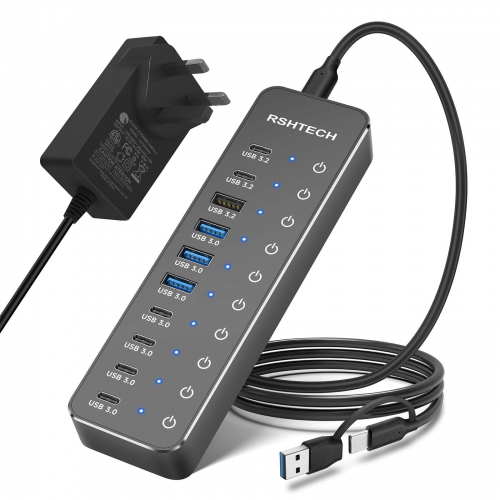 10Gbps USB 3.2データポート×3（2C+1A）、5Gbps USB 3.0ポート×7（4C+3A）、12V/5A 6ポート搭載10ポートUSB Cハブ (ST10C-6)