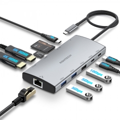 ドッキングステーション デュアルモニタ、11-in-1 USB Cハブ、デュアルHDMI 8K/4K、ギガビットイーサネットアダプタ、3x 10Gbps USB 3.2 (2C+1A)、2x USB 3.0ポート、100W PDおよびSD/TF (RSH-T11H)