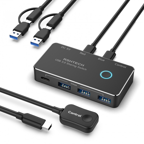 USB C/USB 3.0 スイッチ キーボード/マウス/プリンター用 4ポート共有 (1C+3A) 付属品: 4フィートデータケーブル×2本 & 有線コントローラー×1台 (RSH-A201R)