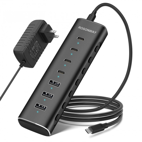 7ポート USBハブ USB-C×4・USB-A×3 10Gbps 高速転送 バスパワー セルフパワー 12V 3A 電源アダプター 1m USBケーブル 付属 (RSH-H7C4)