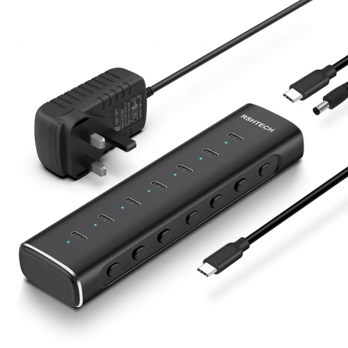 10Gbps 給電式 USB ハブ アルミ製 36W USB-C ハブ、7 ポート 10Gbps USB-C 3.2 データポート搭載、12V/3A AC アダプター・約 1m 取り外し可能ケーブル付き、USB-C/Thunderbolt 搭載ノート PC 対応 (RSH-H7C)